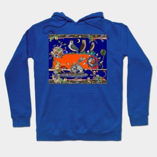 WEIRD MEDIEVAL BESTIARY MAKING MUSIC, Three Owls And Night Concert of Rabbits in Orange Blue Hoodie